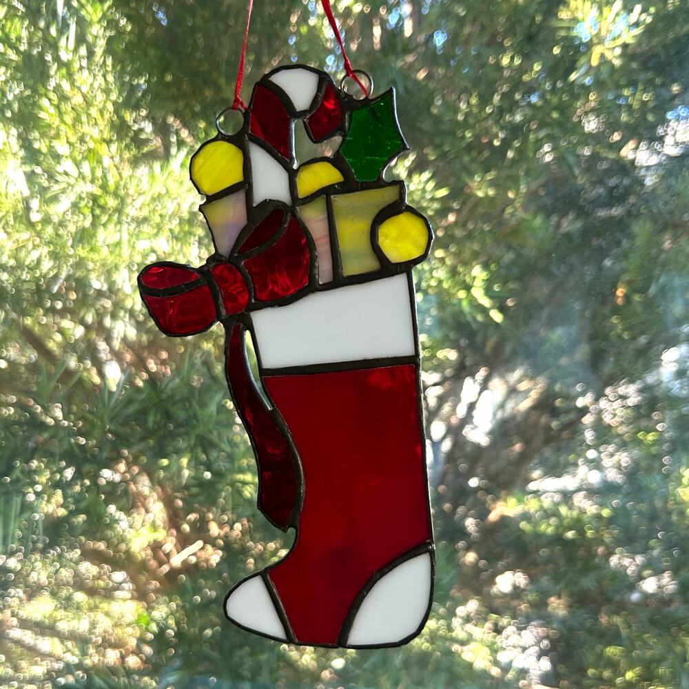 Vintage Stained Glass Christmas Stocking – 9” Iridescent Holiday Suncatcher